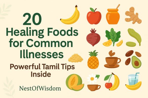 20 Healing Foods for Common Illnesses – Tamil-rooted visual guide to natural, practical foods for headaches, reflux, immunity, sleep and hydration.