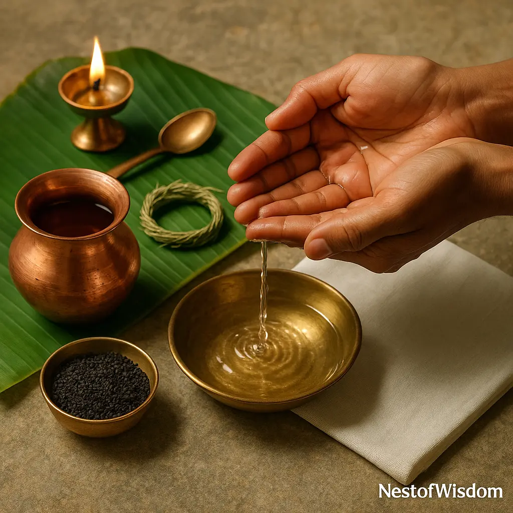Pournami Amavasya Fasting — Amavasya tarpanam water offering with black sesame and copper lota — NestOfWisdom branding
