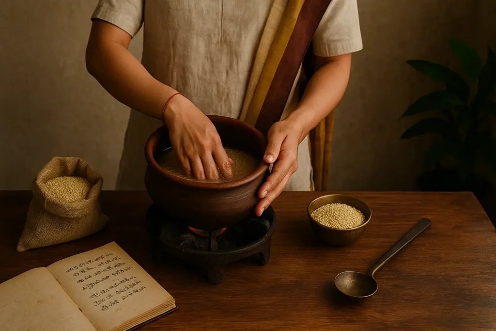 Woman rinsing millets in clay pot beside Tamil recipe notebook