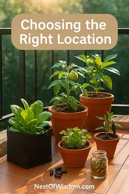 Balcony garden with tomato, spinach, coriander, and chili in sunlight – Choosing the right location