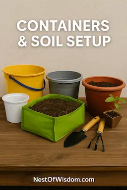 Containers and soil setup for balcony gardening – grow bags, buckets, compost, saplings