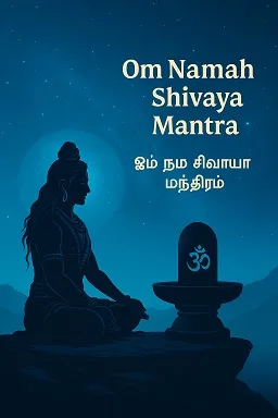 Om Namah Shivaya Mantra devotional image with rudraksha and lamp