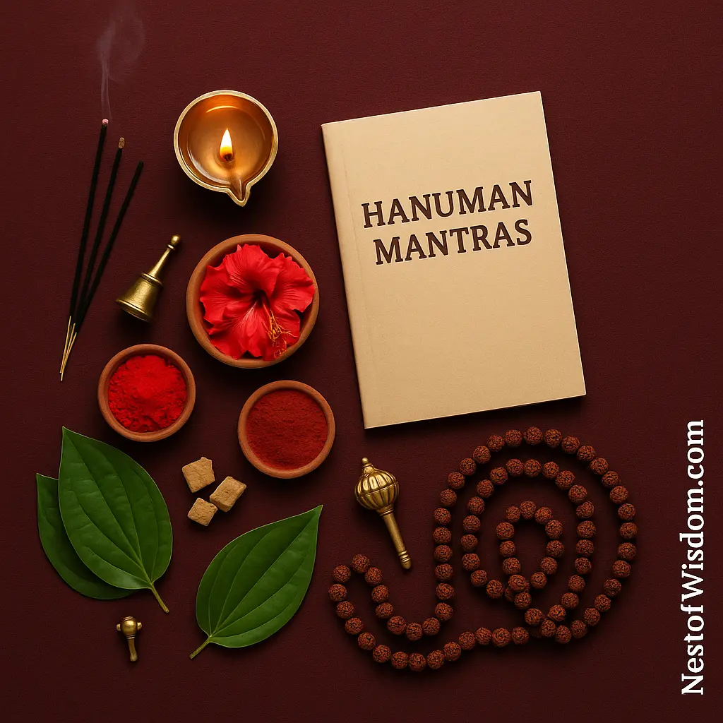 Tuesday Fasting (Mangalvar Vrat) mantras with diya rudraksha kumkum and incense — NestOfWisdom