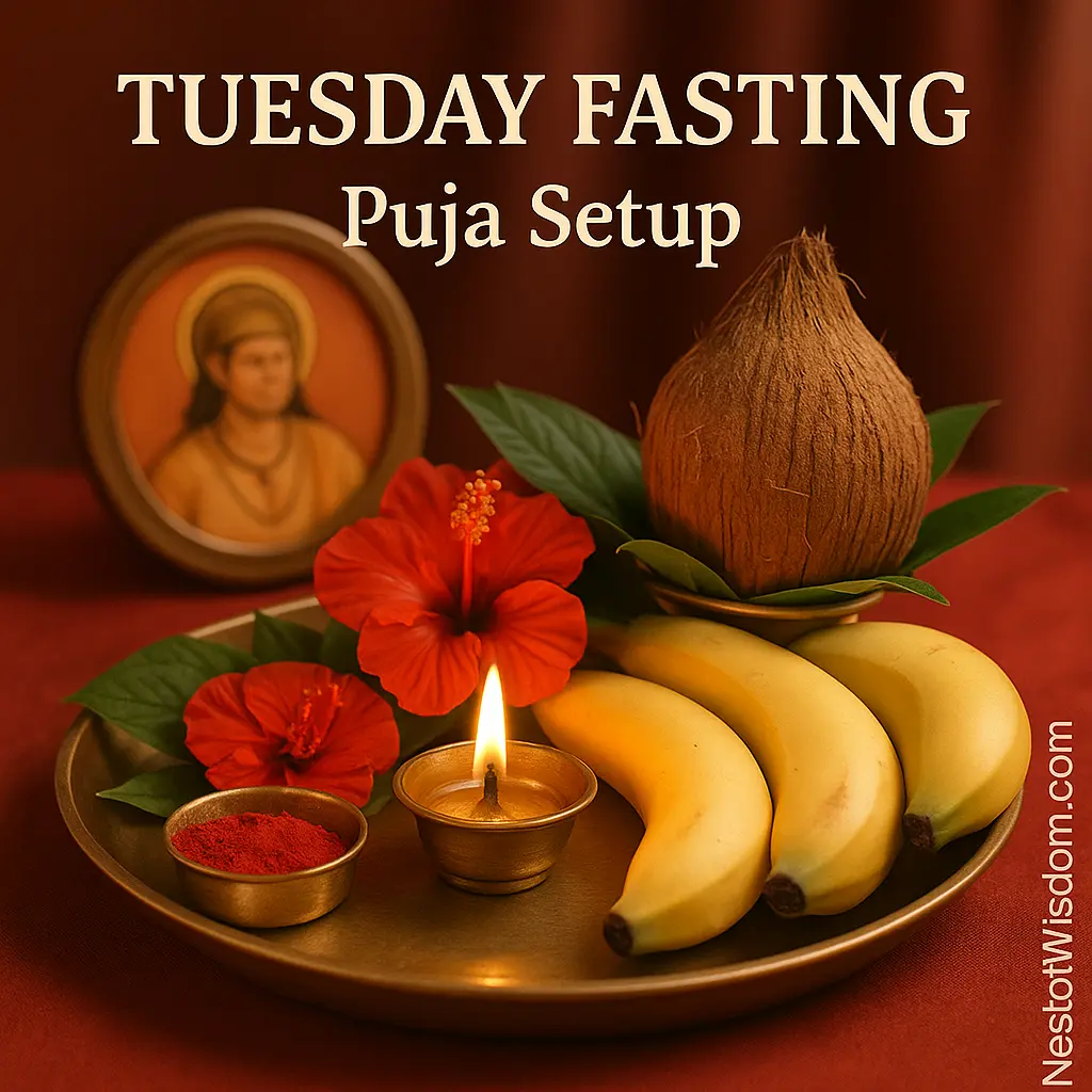 Tuesday Fasting (Mangalvar Vrat) puja setup with diya hibiscus coconut bananas and kumkum — NestOfWisdom