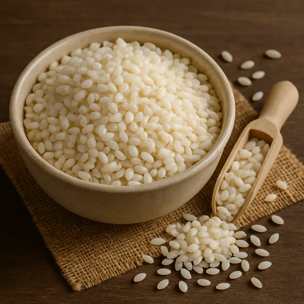 Arborio rice in rustic ceramic bowl with scoop on burlap