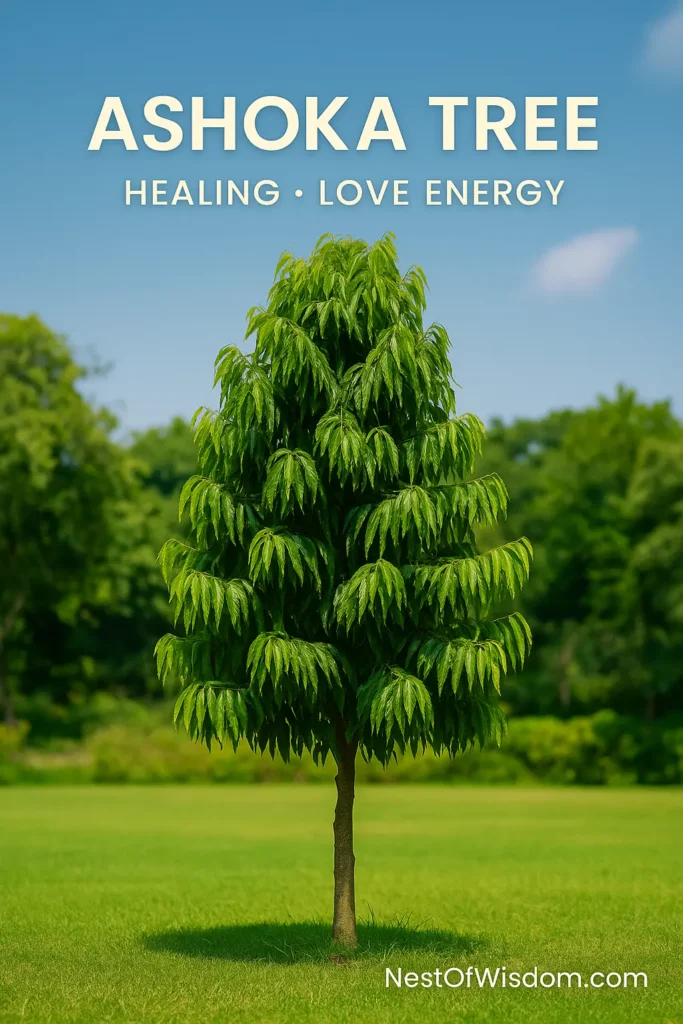 Ashoka tree with symmetrical canopy and soft green leaves in an open landscape