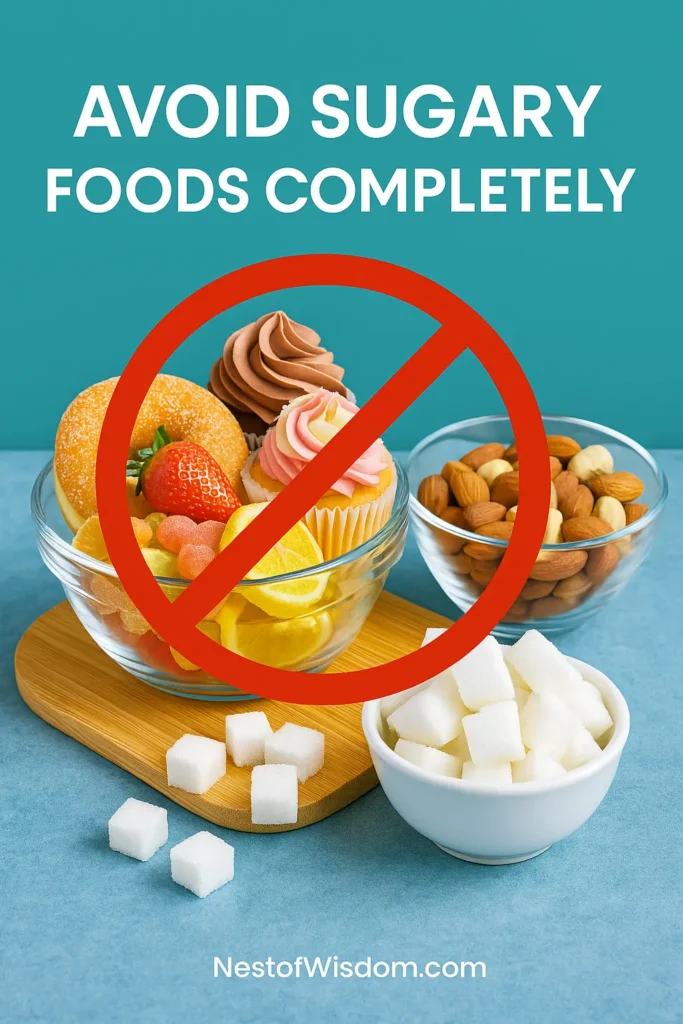 Bowl of sugary desserts crossed out beside nuts and sugar cubes on blue background