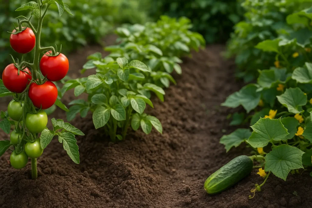 Tomatoes planted in a separate raised bed away from cucumbers and potato plants