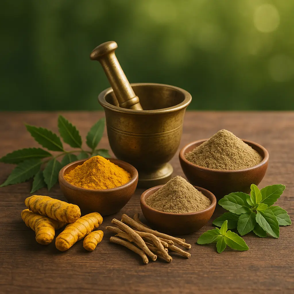 Ayurvedic Remedies — turmeric, tulsi, neem, triphala, and ashwagandha with brass mortar and pestle