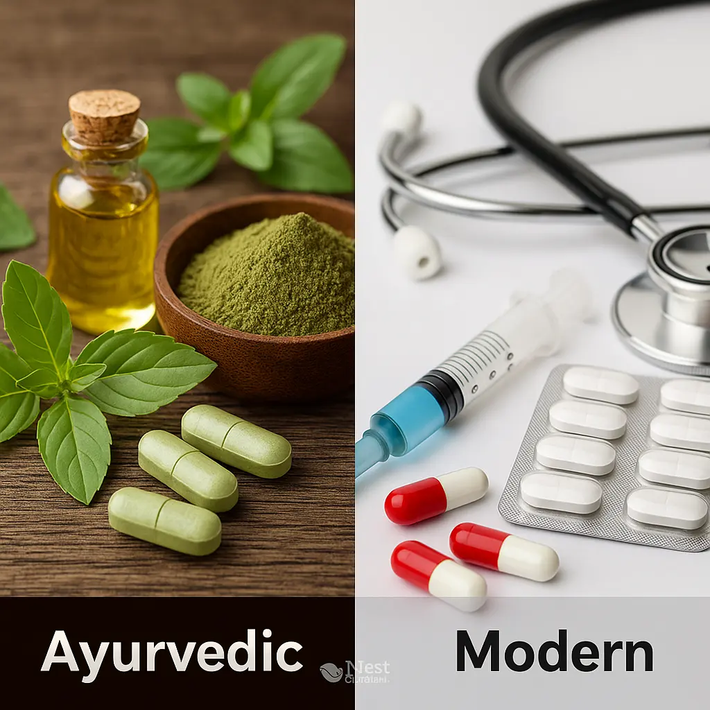 Ayurvedic vs Modern Remedies — visual split with herbs on one side and medical tools on the other