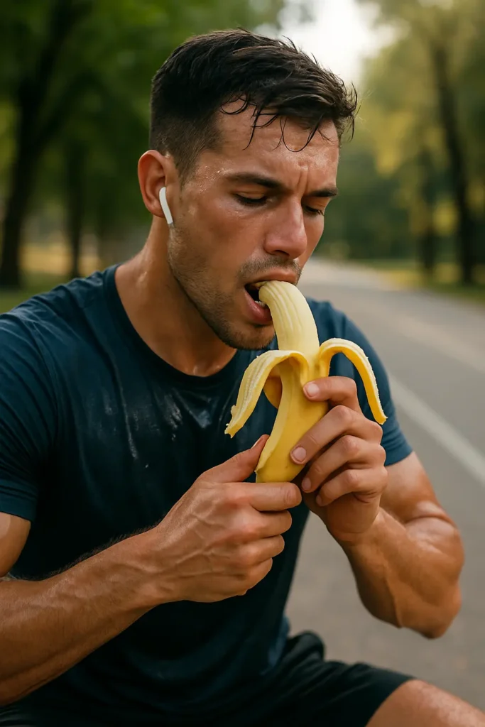 Sweaty young man eating a banana after a workout, showing energy recovery naturally