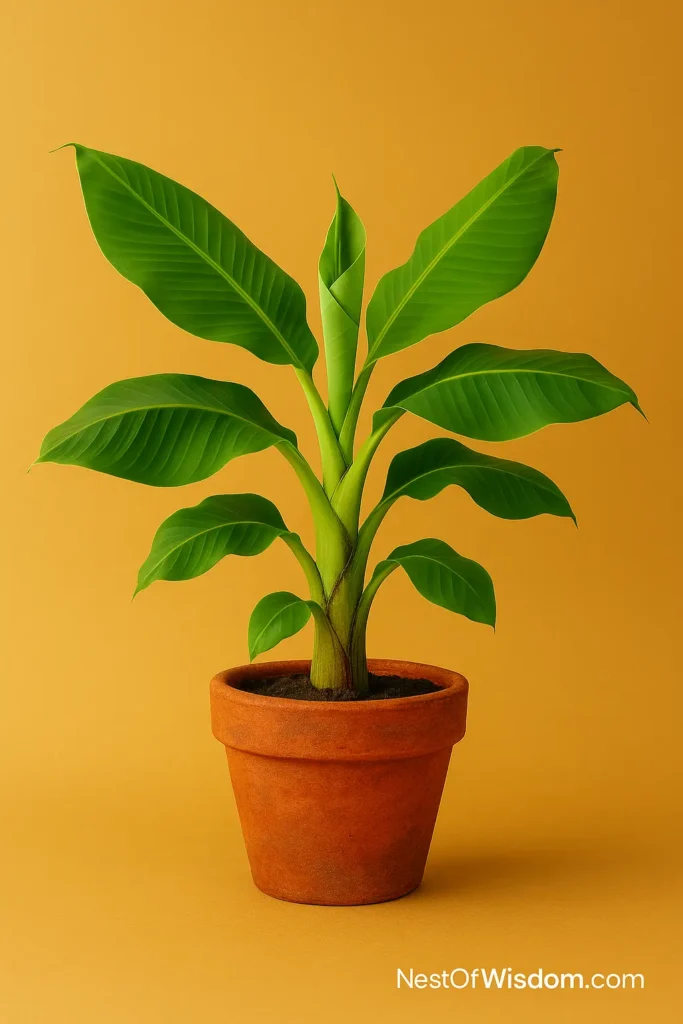 Banana plant in terracotta pot with large green leaves on green gradient background