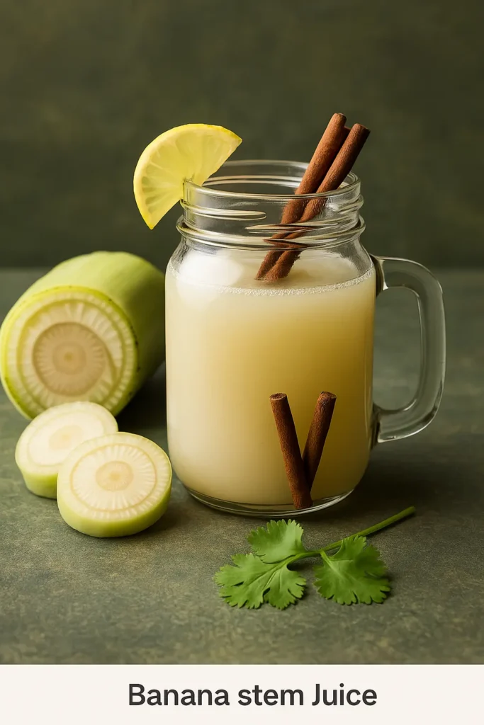 Banana stem juice in mason jar with lemon slice and raw banana stem rounds
