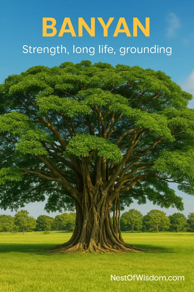 Banyan tree with thick roots and wide green canopy in open field under blue sky