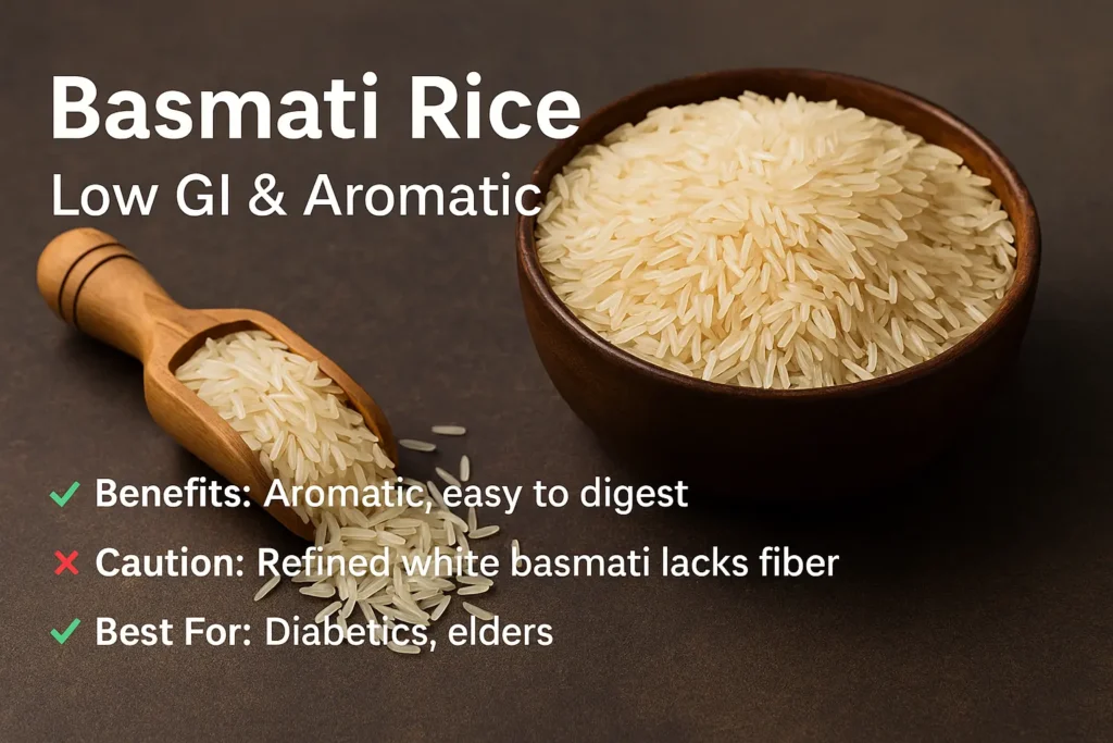 Long grain basmati rice in a bowl and scoop showing health benefits
