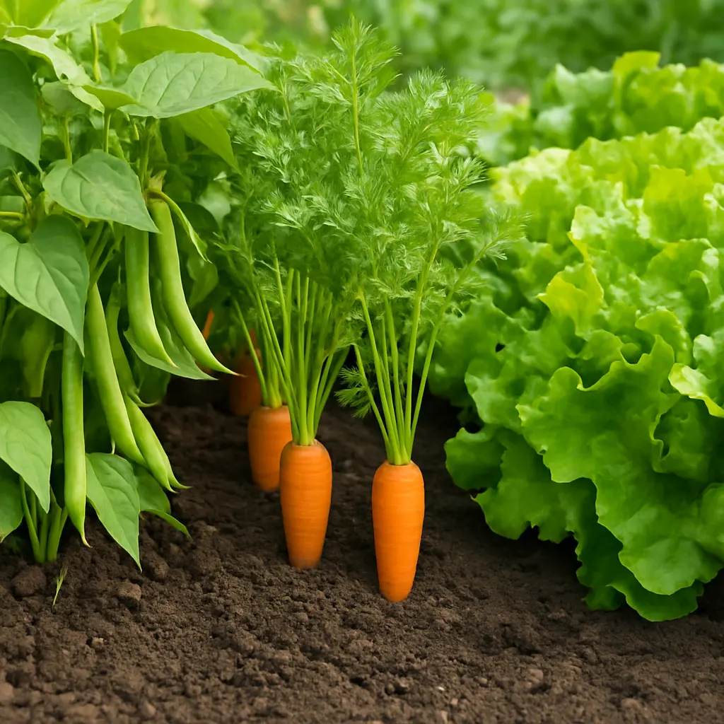 Green bean plants growing beside young carrots and leafy lettuce in a well-aerated garden bed