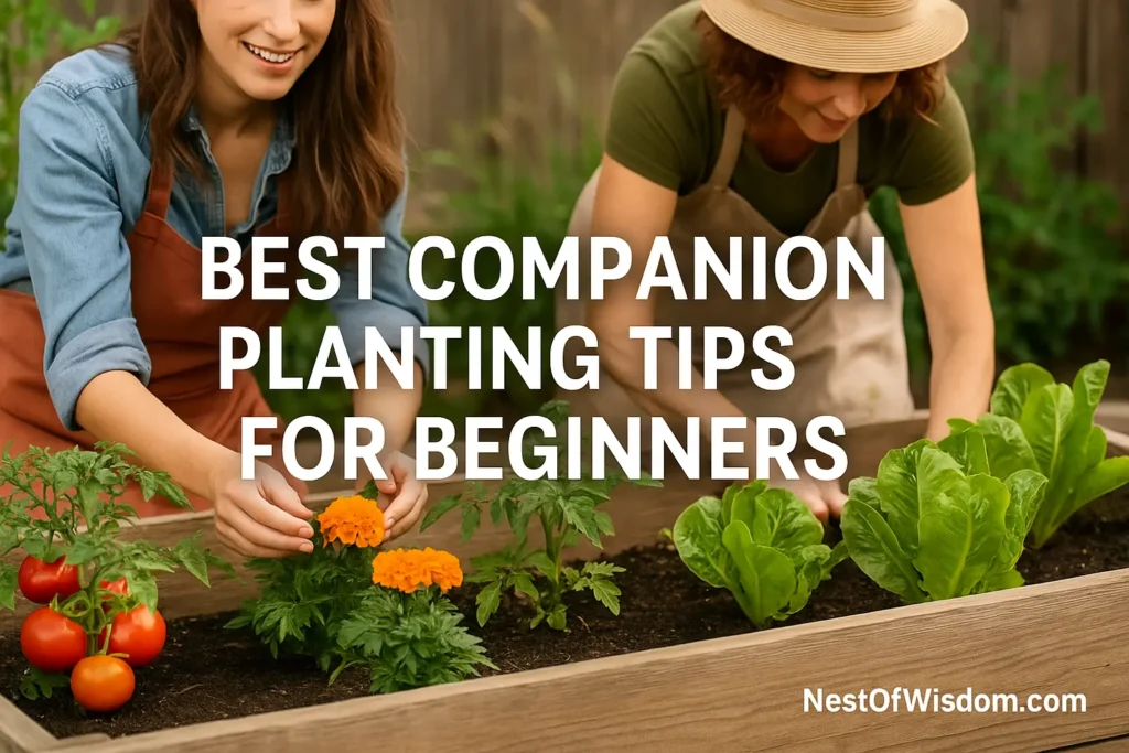 Gardener pulling carrots beside basil and tomatoes with text “Best Companion Planting Tips”