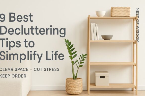 9 best decluttering tips to simplify life — minimalist banner with big headline and right-edge Nest of Wisdom branding