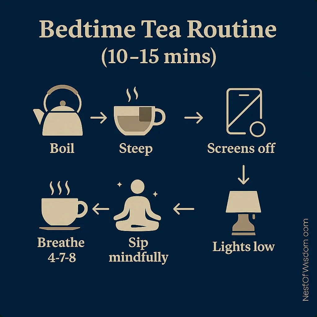 Best Herbal Teas for Better Sleep bedtime tea routine infographic with six steps