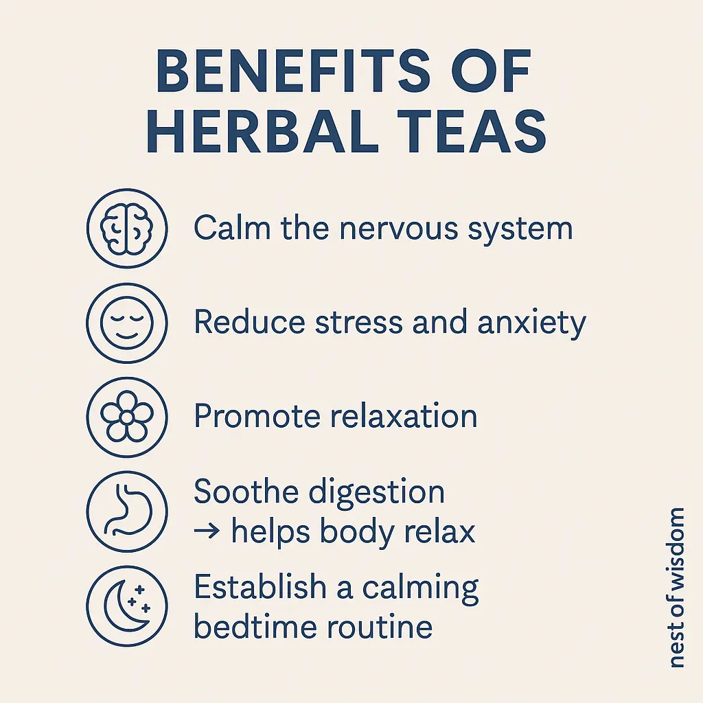 Best Herbal Teas for Better Sleep benefits infographic with icons showing calm, stress relief, relaxation, digestion, bedtime ritual