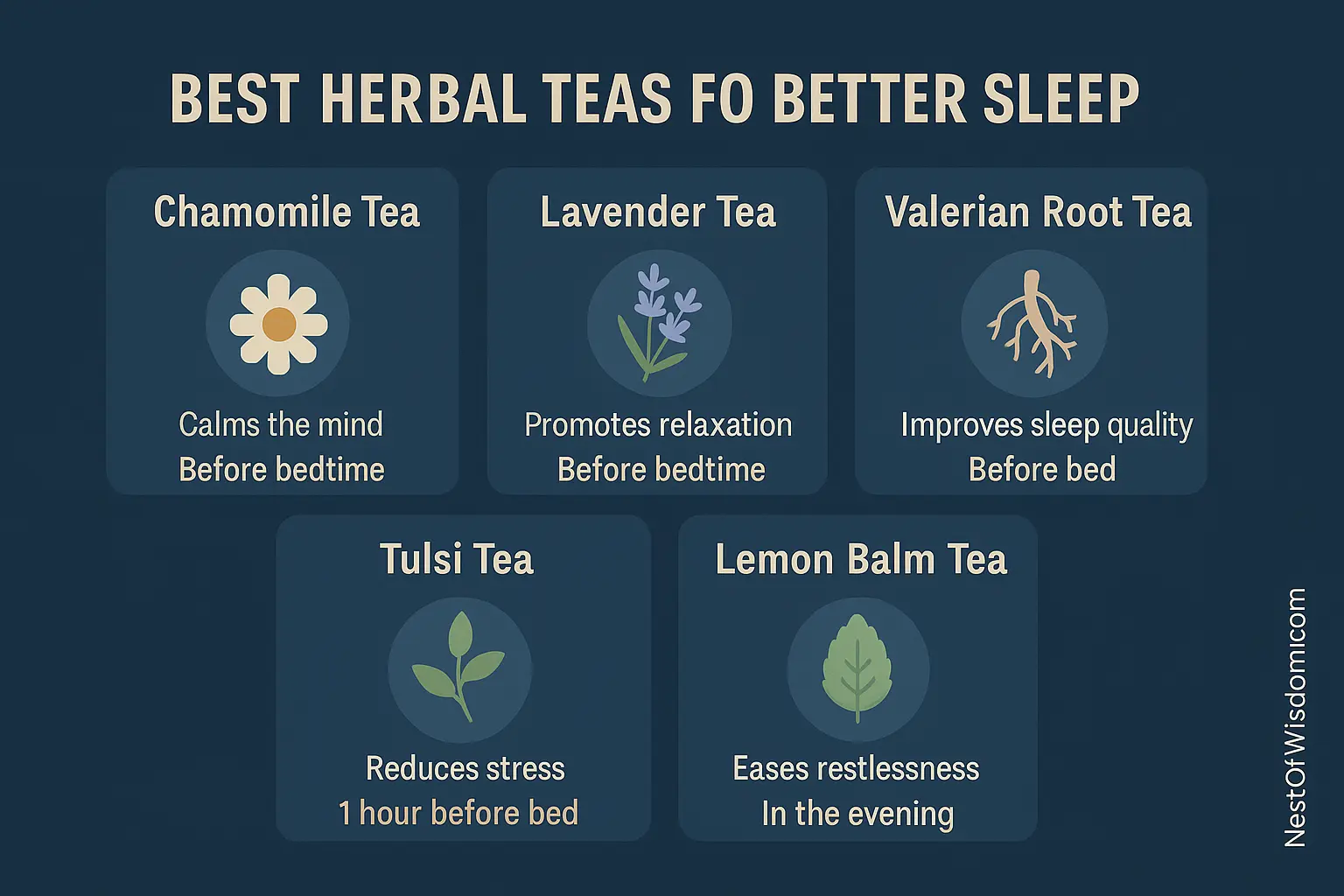 Best Herbal Teas for Better Sleep grid showing chamomile, lavender, valerian root, tulsi, and lemon balm with benefits and best timing