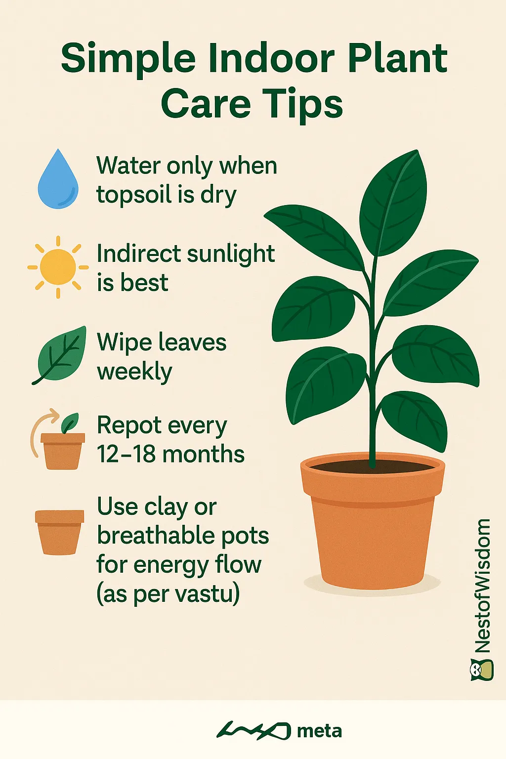 Best Indoor Plants for Positive Energy care tips illustration water when dry indirect light wipe leaves repot use clay pots