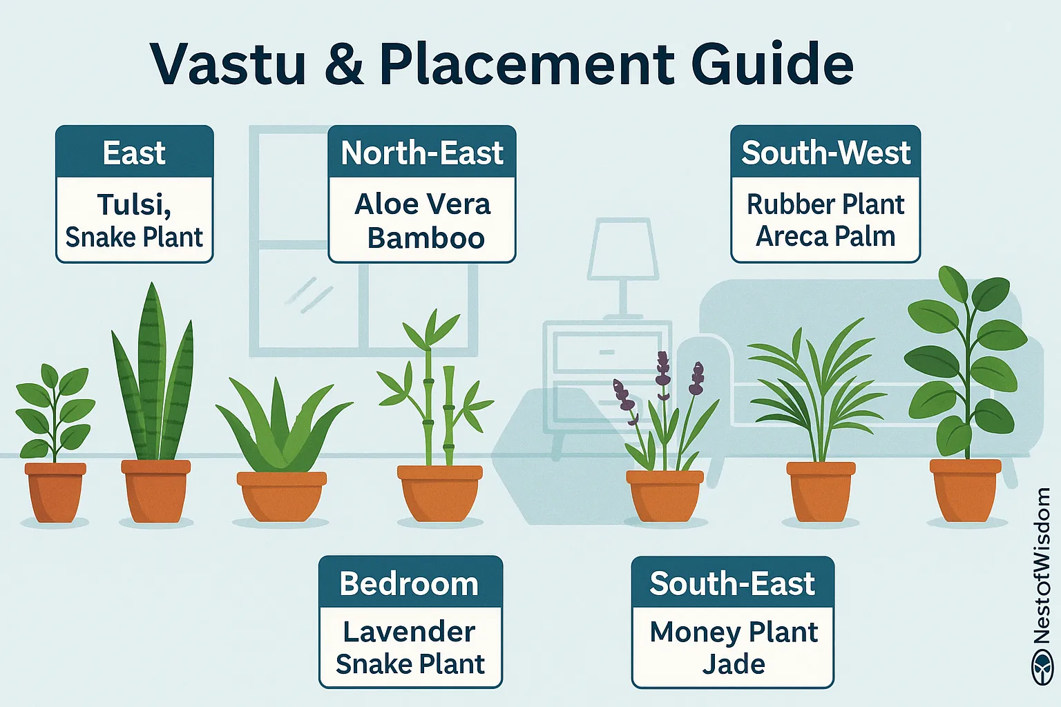 Best Indoor Plants for Positive Energy vastu placement directions East North-East South-East South-West and Bedroom