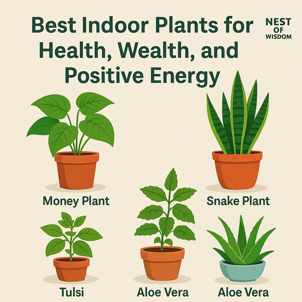 Best Indoor Plants for Positive Energy lineup with Money Plant Snake Plant Tulsi Aloe Vera Peace Lily