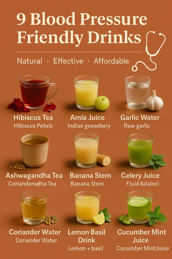 9 blood pressure friendly drinks infographic with ingredients
