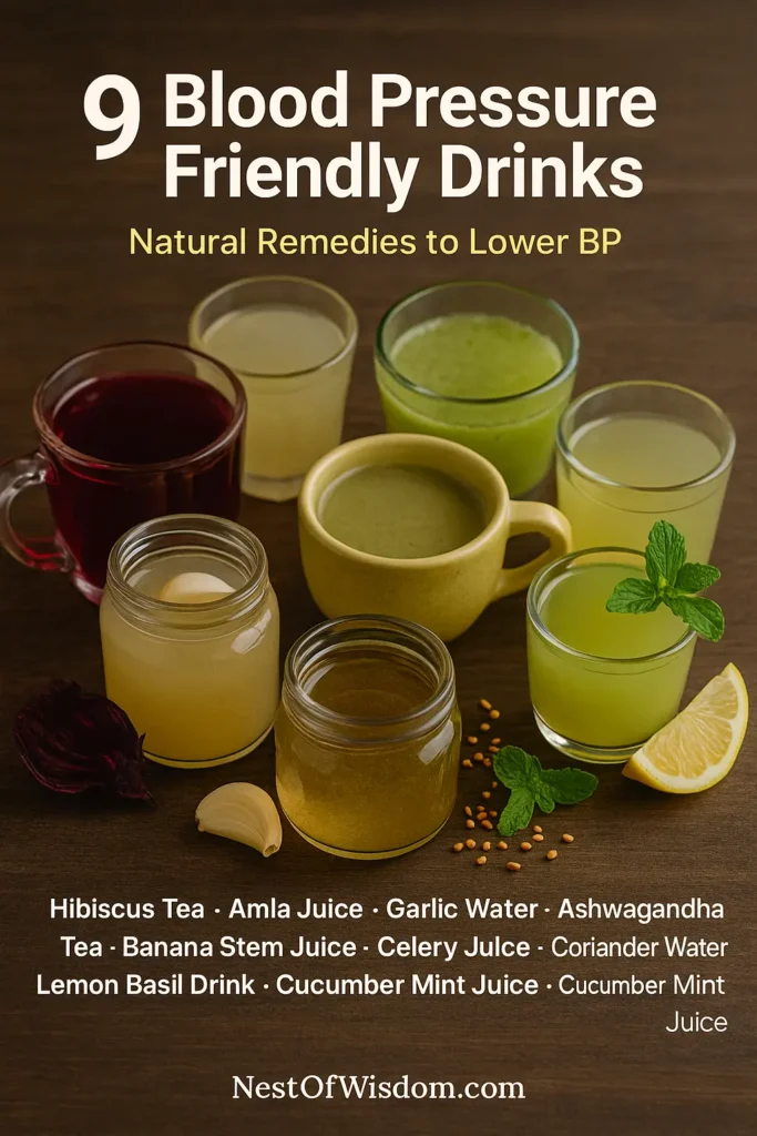 Nine colorful natural drinks for blood pressure in glasses with herbs