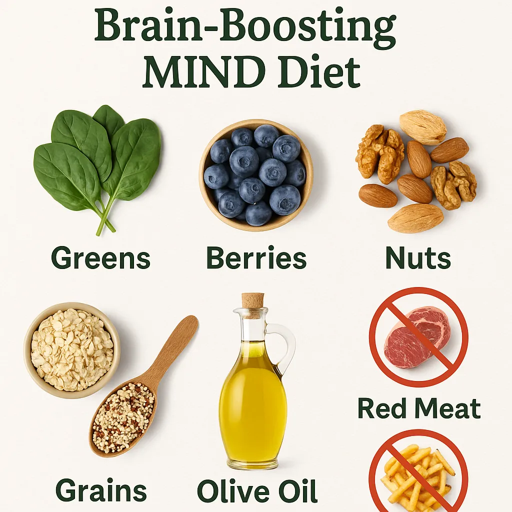 Brain-Boosting MIND Diet core principles visual collage with greens berries nuts grains olive oil red meat crossed processed foods crossed