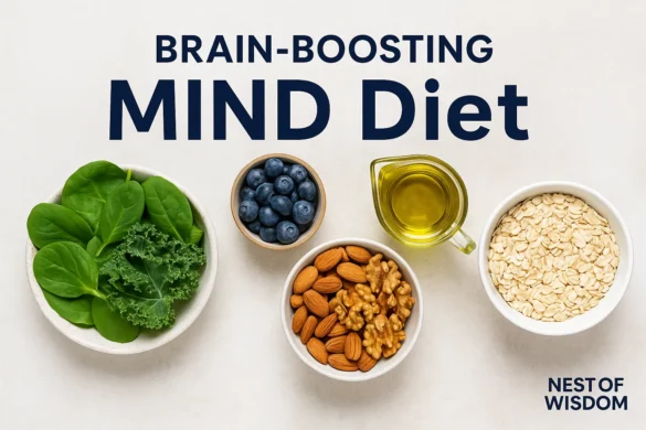 Brain-Boosting MIND Diet foods with spinach, blueberries, almonds, walnuts, oats, olive oil