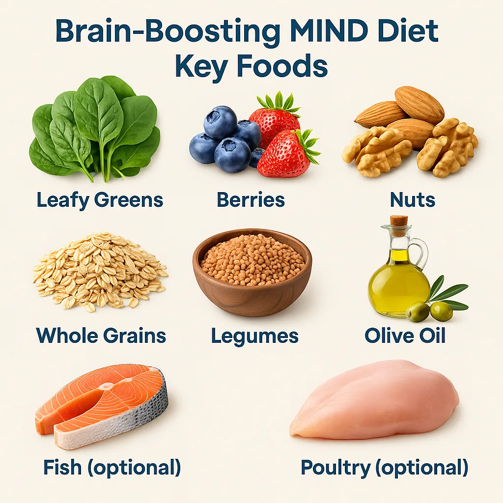 Brain-Boosting MIND Diet key foods overview with leafy greens berries nuts whole grains legumes olive oil fish poultry
