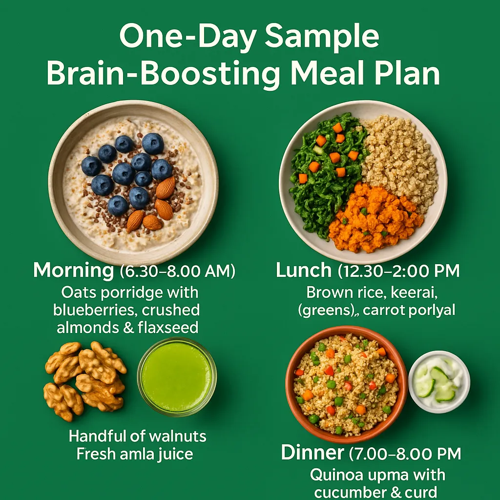 Brain-Boosting MIND Diet one day meal plan with oats berries nuts leafy lunch quinoa dinner and turmeric milk