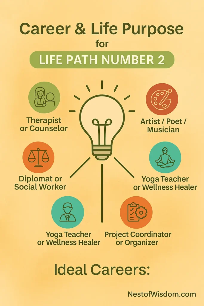 Infographic showing ideal careers for Life Path Number 2 with icons and a light bulb