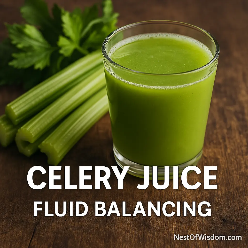 Celery juice in a glass with celery stalks on wooden table