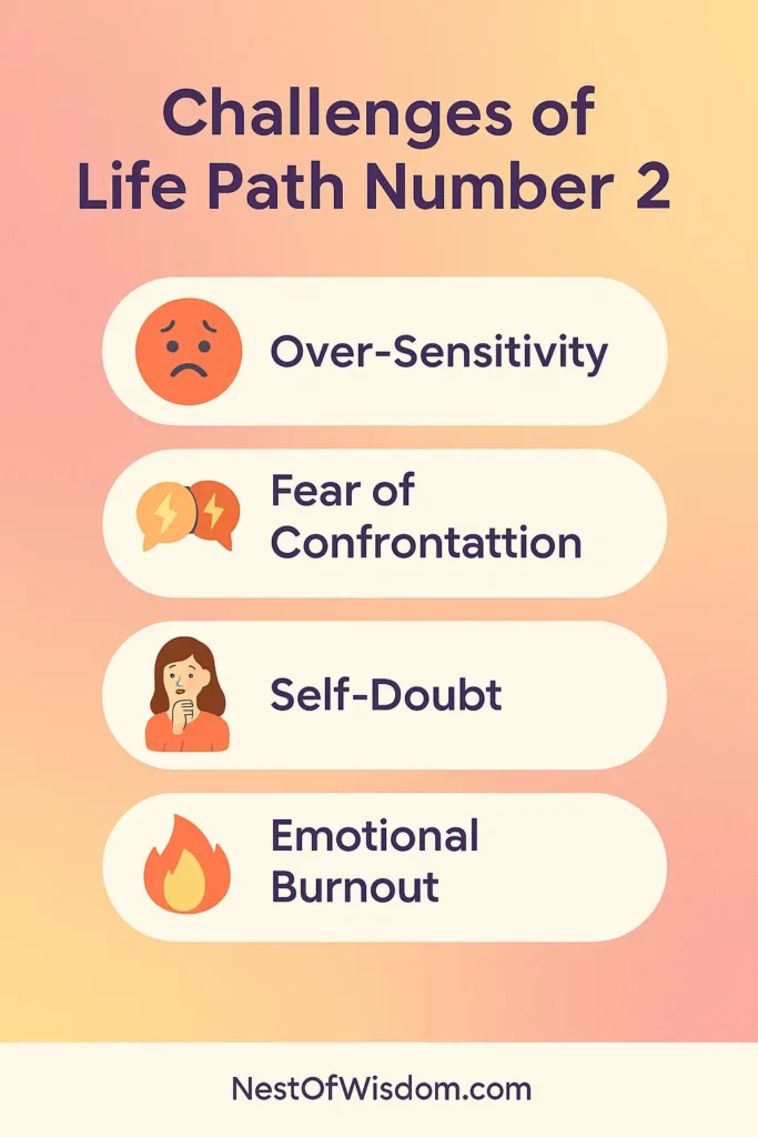 Infographic showing emotional and spiritual challenges of Life Path Number 2