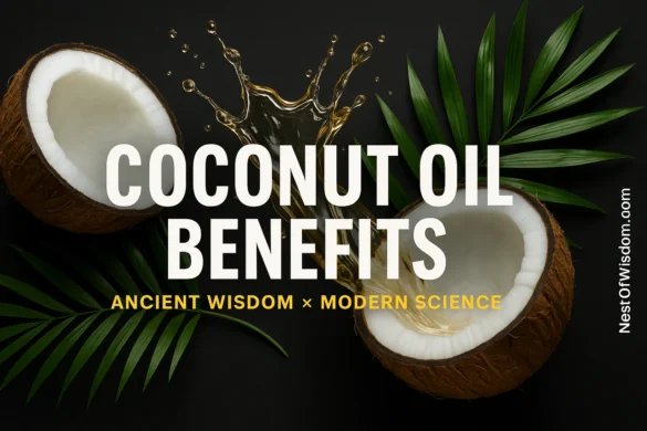 Coconut Oil Benefits – bold scroll-stopper image with coconuts, oil splash and palm leaves