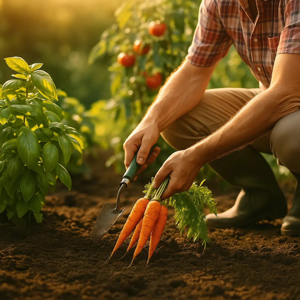 Gardener harvesting carrots among tomato and basil plants in sunlit organic garden