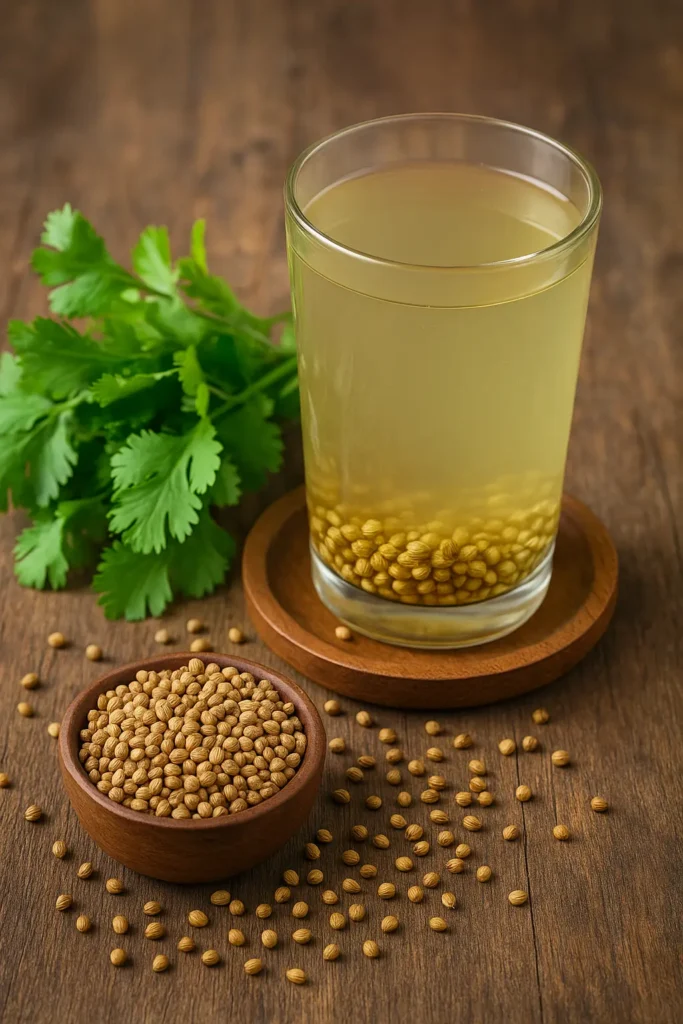 Coriander water in glass with coriander seeds and leaves on wooden surface