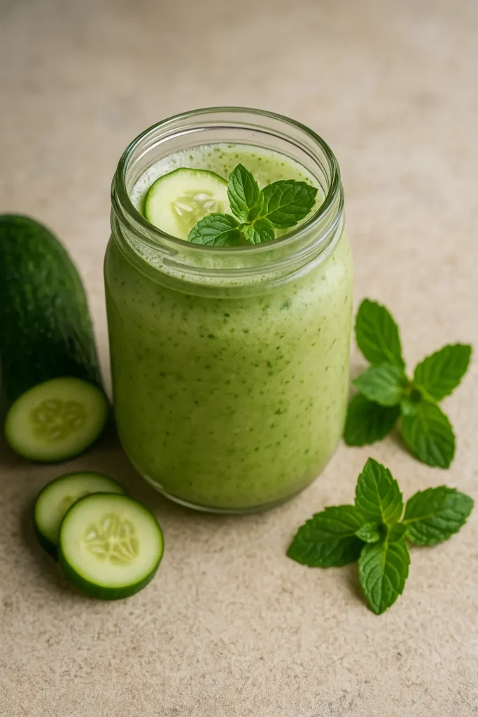 Cucumber mint juice in mason jar with cucumber slices and mint sprigs