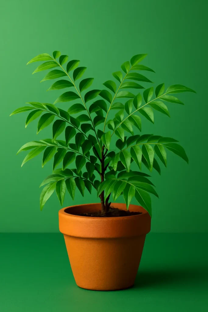 Curry leaves plant in a terracotta pot with deep green leaves on green background