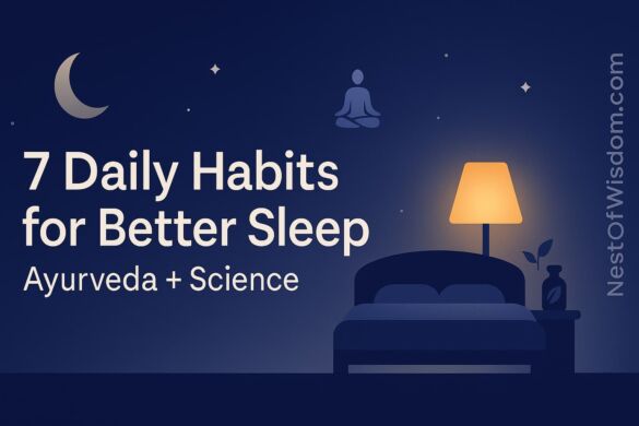 Daily Habits for Better Sleep – featured image with calm night-routine icons on a navy gradient and subtle right-edge branding