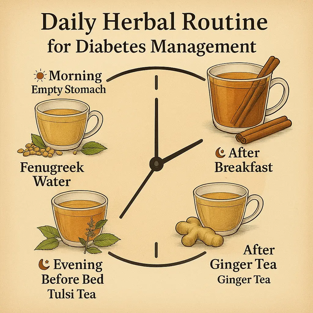 Infographic: daily herbal routine to lower blood sugar — morning fenugreek or karela, after breakfast cinnamon, after meals ginger, bedtime tulsi