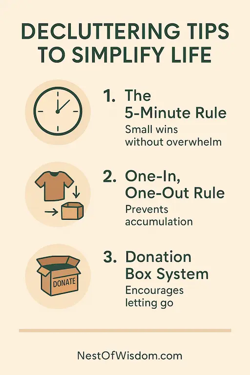 Decluttering infographic showing the 5-minute rule, one-in one-out, and donation box system