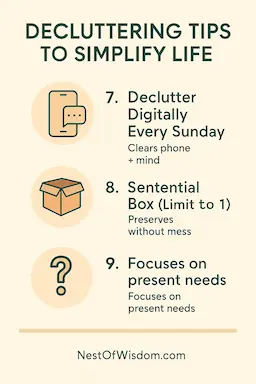Decluttering infographic showing digital declutter, sentimental box, and powerful question habit