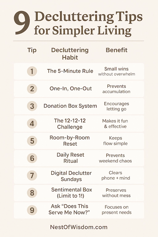 Infographic of 9 decluttering habits to simplify life – including 5-minute rule and donation box