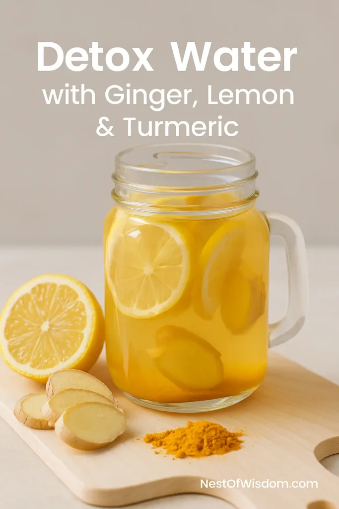 Mason jar filled with lemon, ginger, and turmeric detox water on wooden board