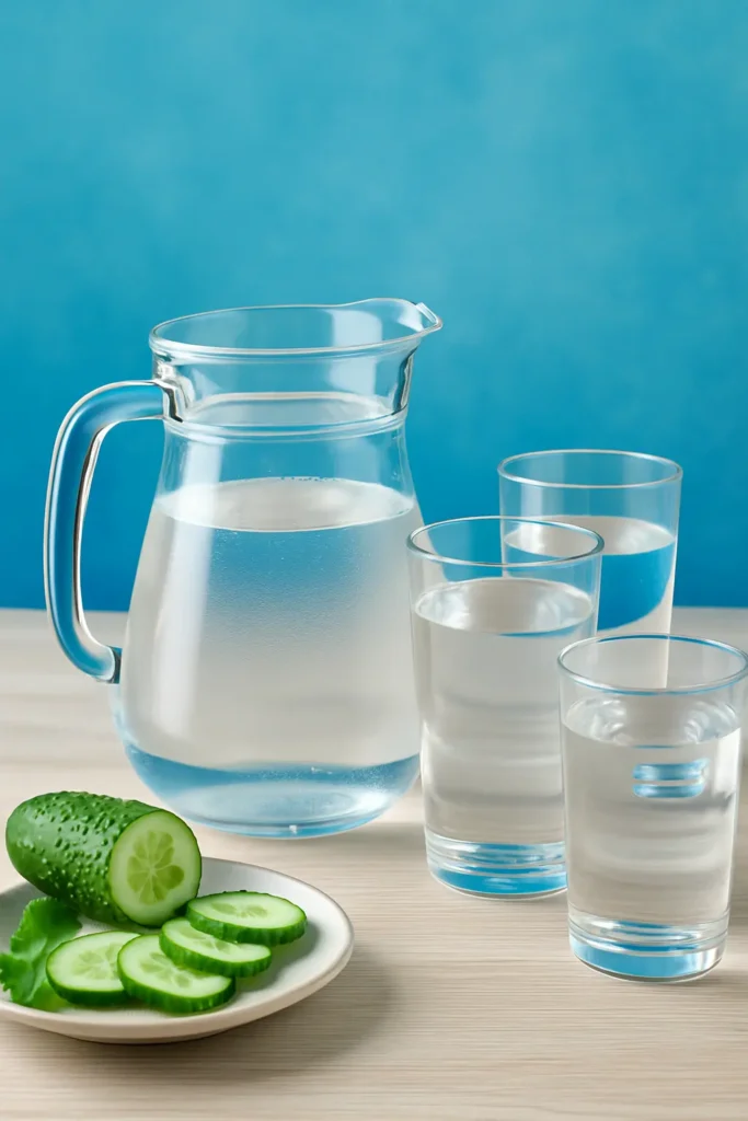 Water pitcher and three clear glasses on a wooden surface with cucumber slices beside
Slug: drink-water-fat-loss