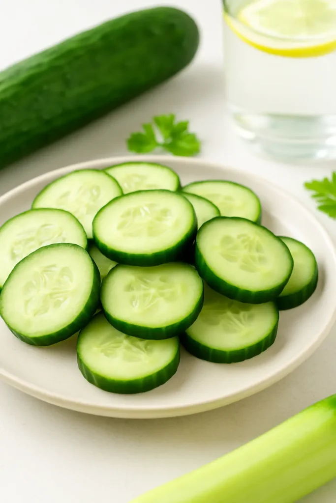 Fresh cucumber slices arranged on a ceramic plate with parsley and lemon water nearby
Slug: eat-cucumber-daily